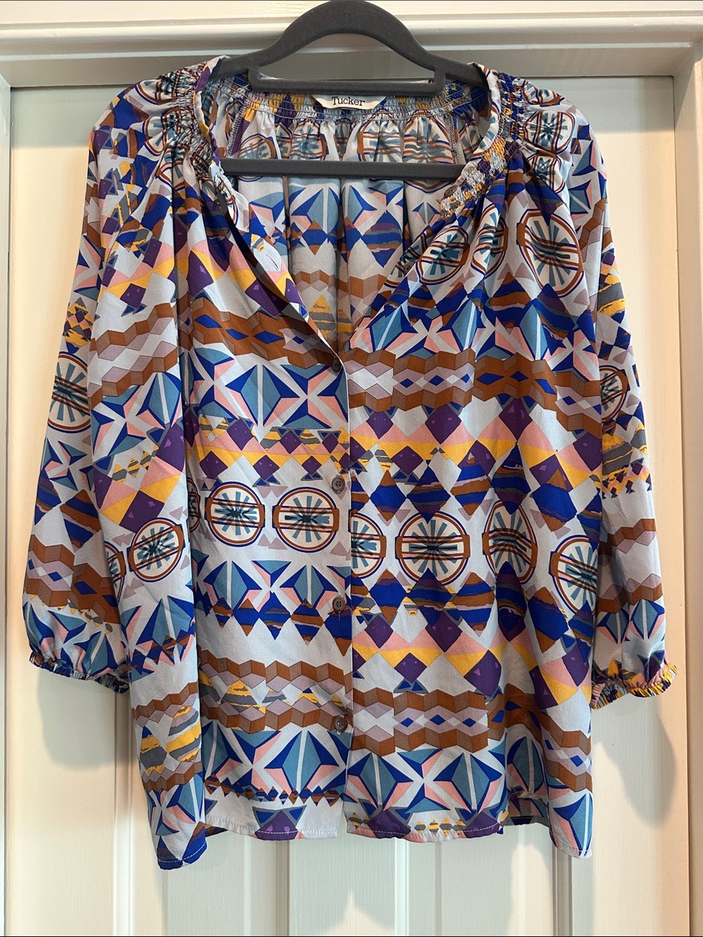 Tucker Geometric Button-Front Blouse in Blue, Purple and Gold